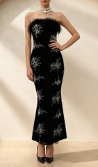 Inanna Black Feather Trim Velvet Embellished Strapless Maxi Gown