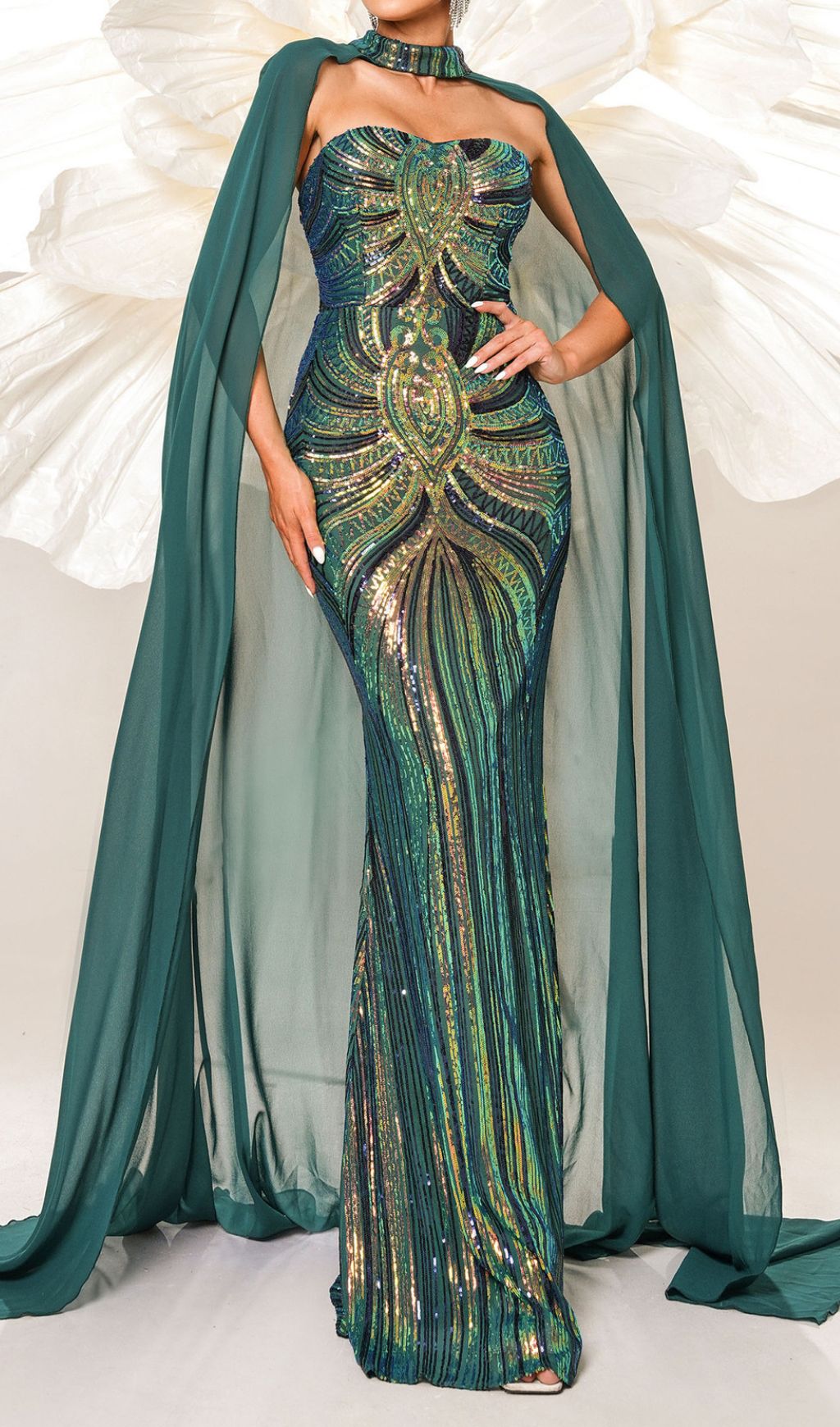 Chalice Iridescent Green Sequin Maxi Gown with Dramatic Flowing Cape