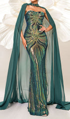 Chalice Iridescent Green Sequin Maxi Gown with Dramatic Flowing Cape