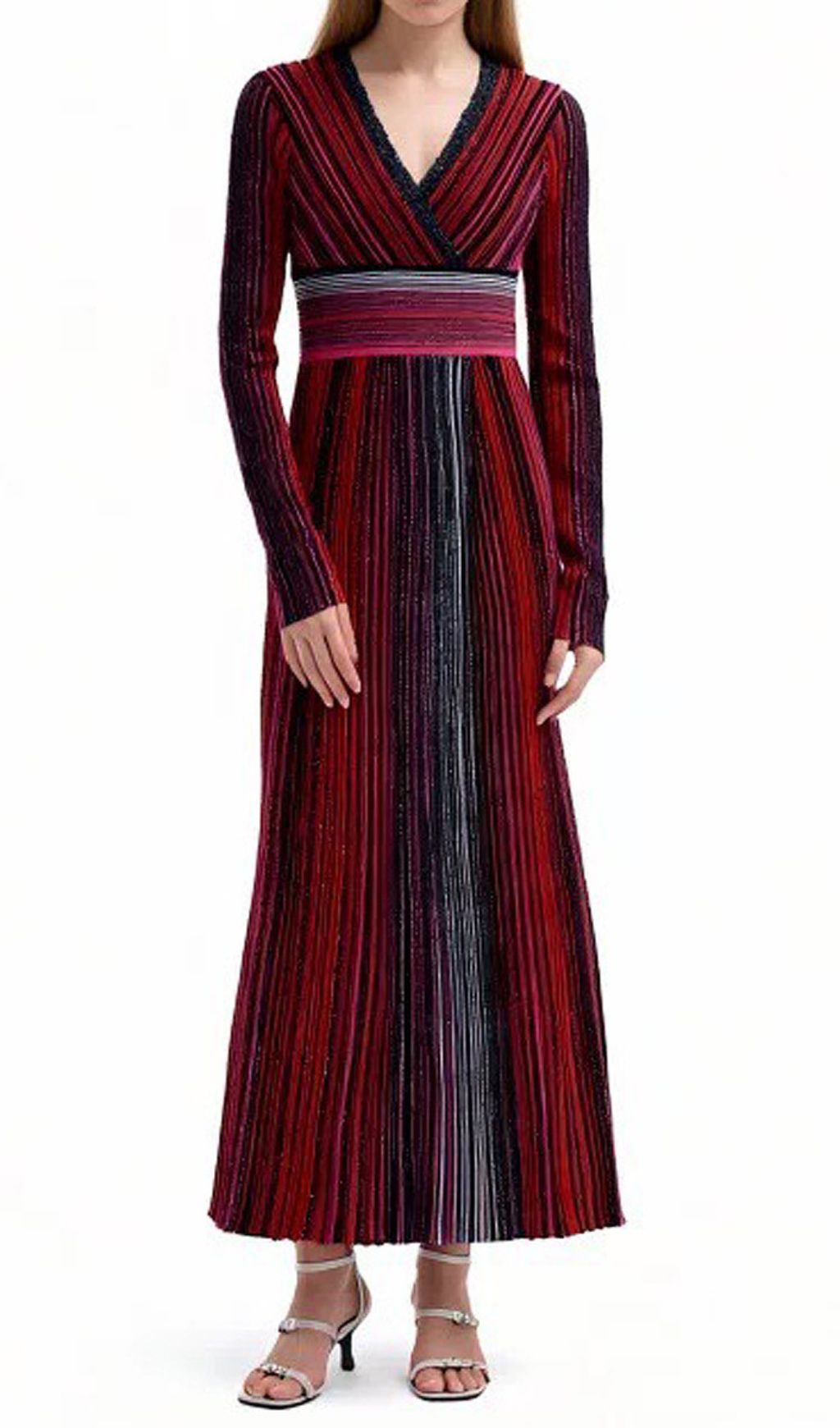 Giada Multi-Color Metallic Stripe V-Neck Long Sleeve Maxi Dress