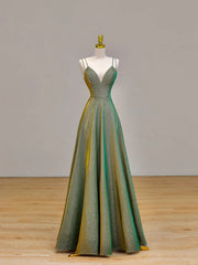 Vestido de fiesta largo hasta el suelo con escote en V y tirantes verdes 