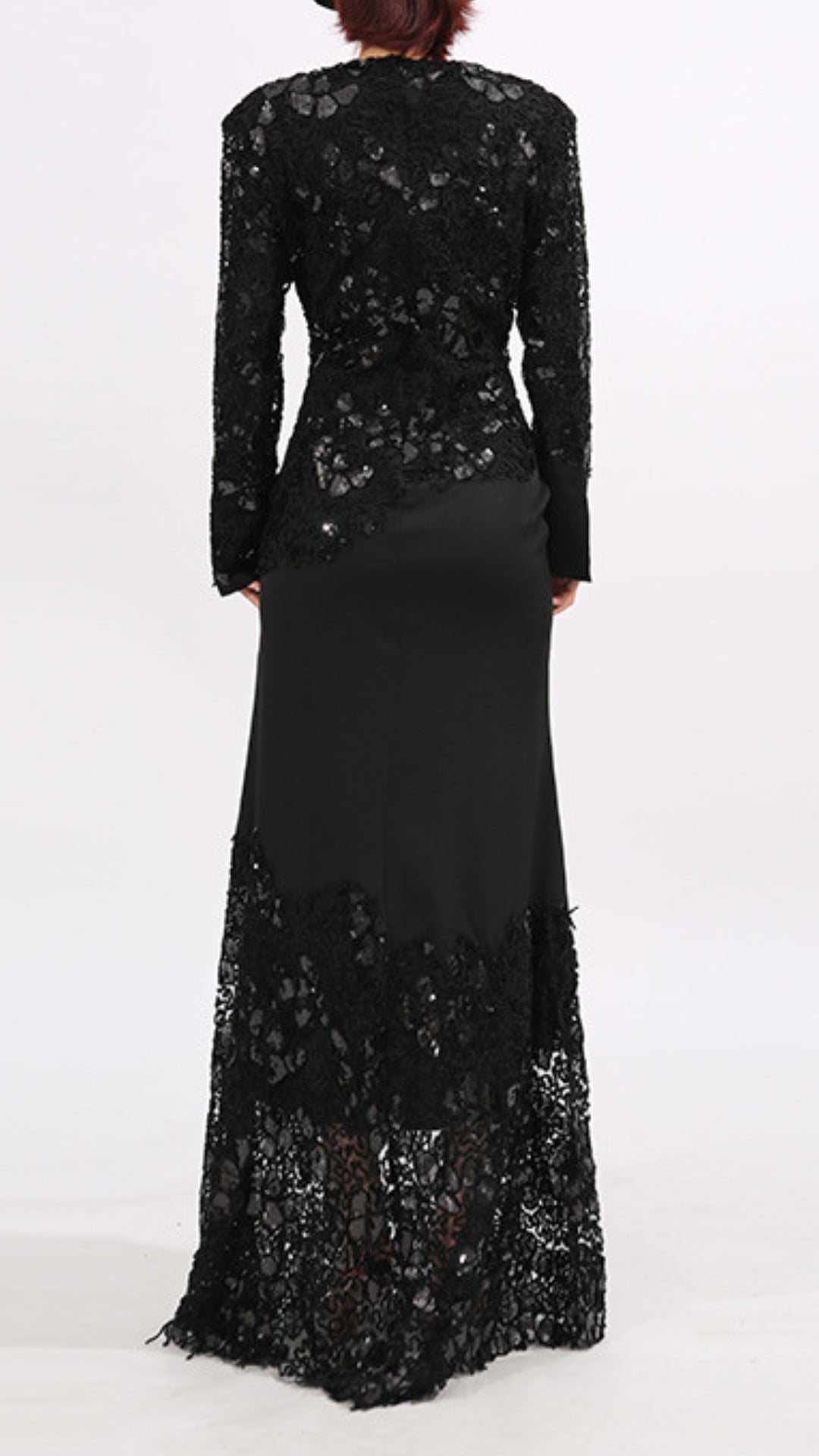Elodie Enchanting Black Lace & Sequin Long Sleeve Maxi Dress