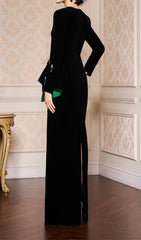Hedya Black Velvet & Emerald Crystal Statement Maxi Gown