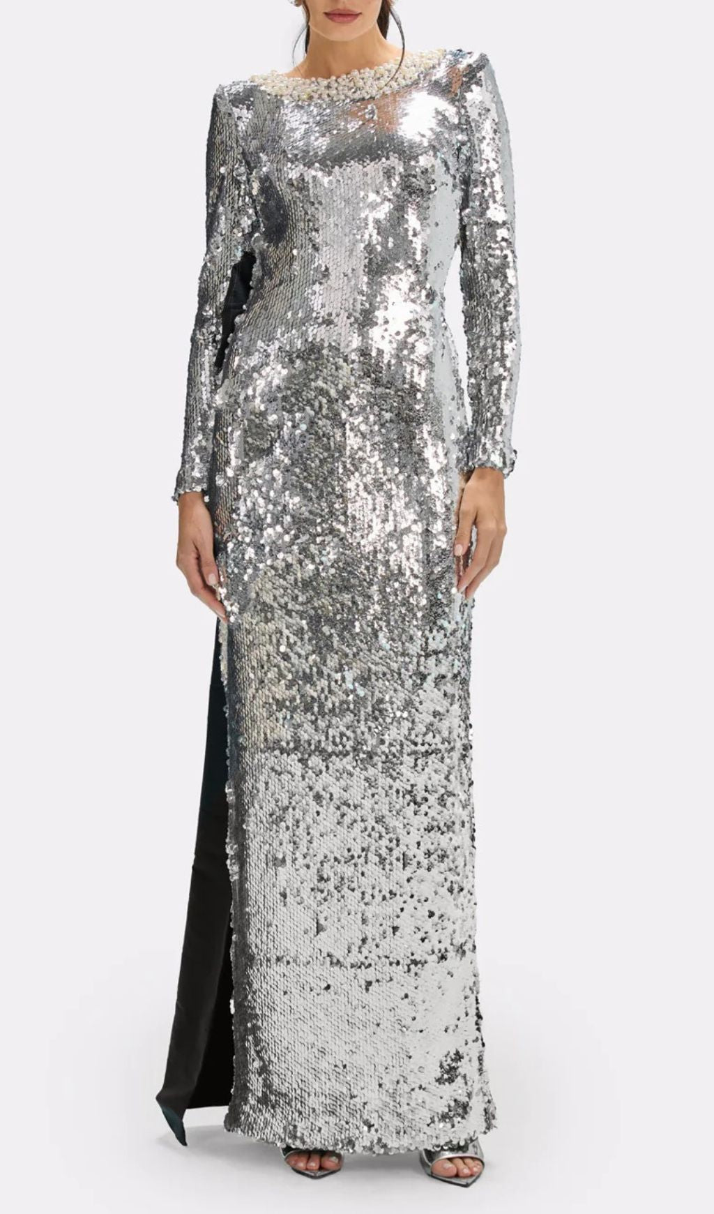 Jenesis Dazzling Silver Sequin Maxi Gown