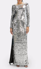 Jenesis Dazzling Silver Sequin Maxi Gown