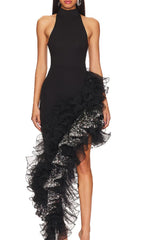 Donny Black Halter Asymmetric Sequin Ruffle Maxi Dress