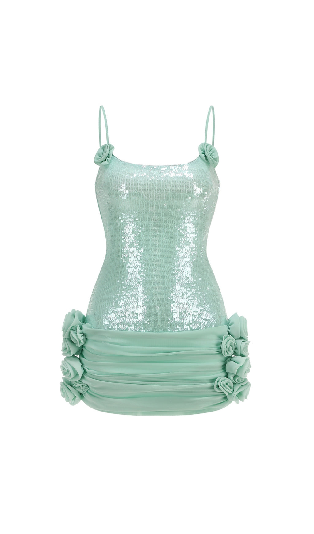 Sparkling Aqua Sequin Bodycon Mini Dress with Rose Details