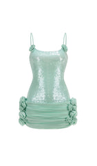 Sparkling Aqua Sequin Bodycon Mini Dress with Rose Details