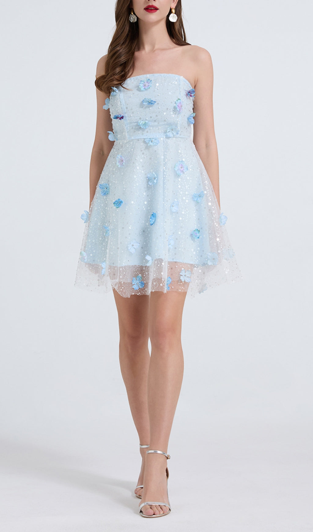 Dilys Dreamy Blue Floral Sequin Strapless Mini Dress