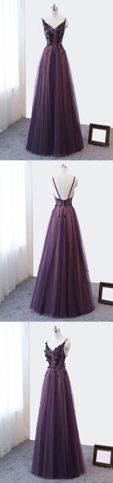 Purple V-neckline Tulle Lace Applique Party Dress