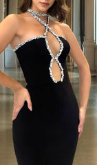 Bellini Glamorous Black Rhinestone Halter Maxi Dress