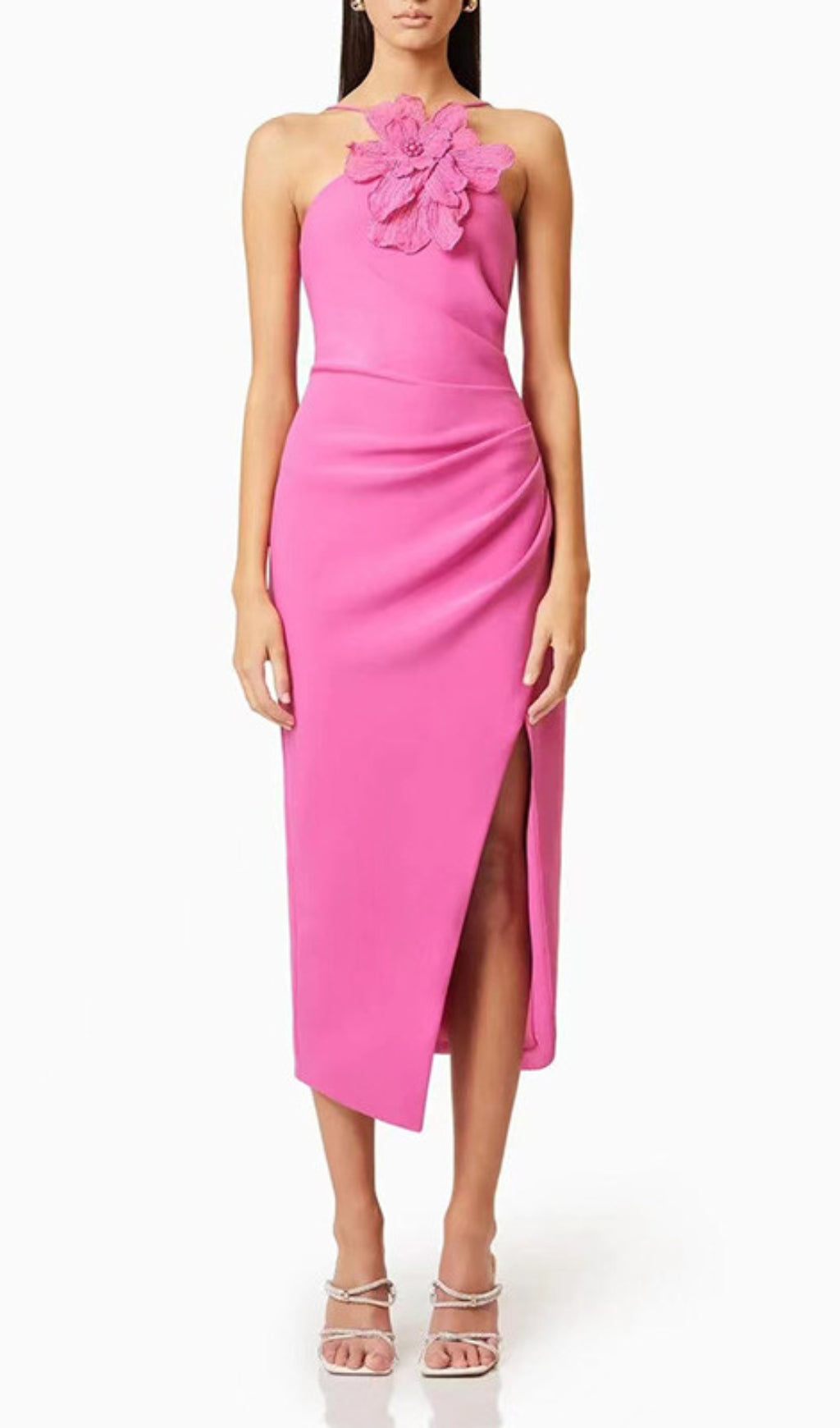 Darva Hot Pink 3D Floral Halter Midi Dress