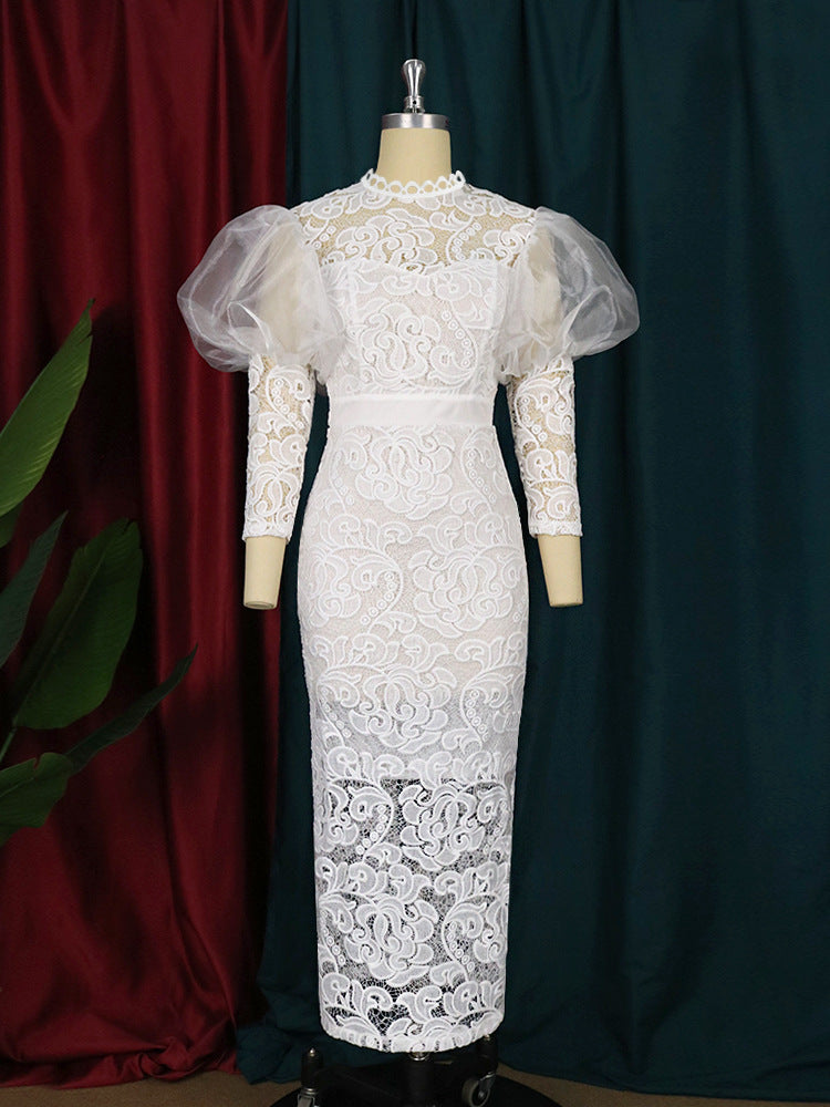 Elegant White Lace Puff Sleeve Midi Dress