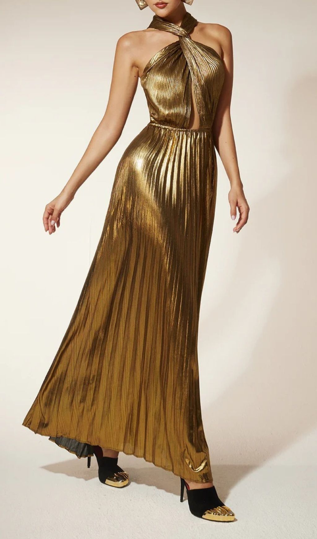 Frazilia Glam Gold Pleated Halter Cutout Maxi Dress