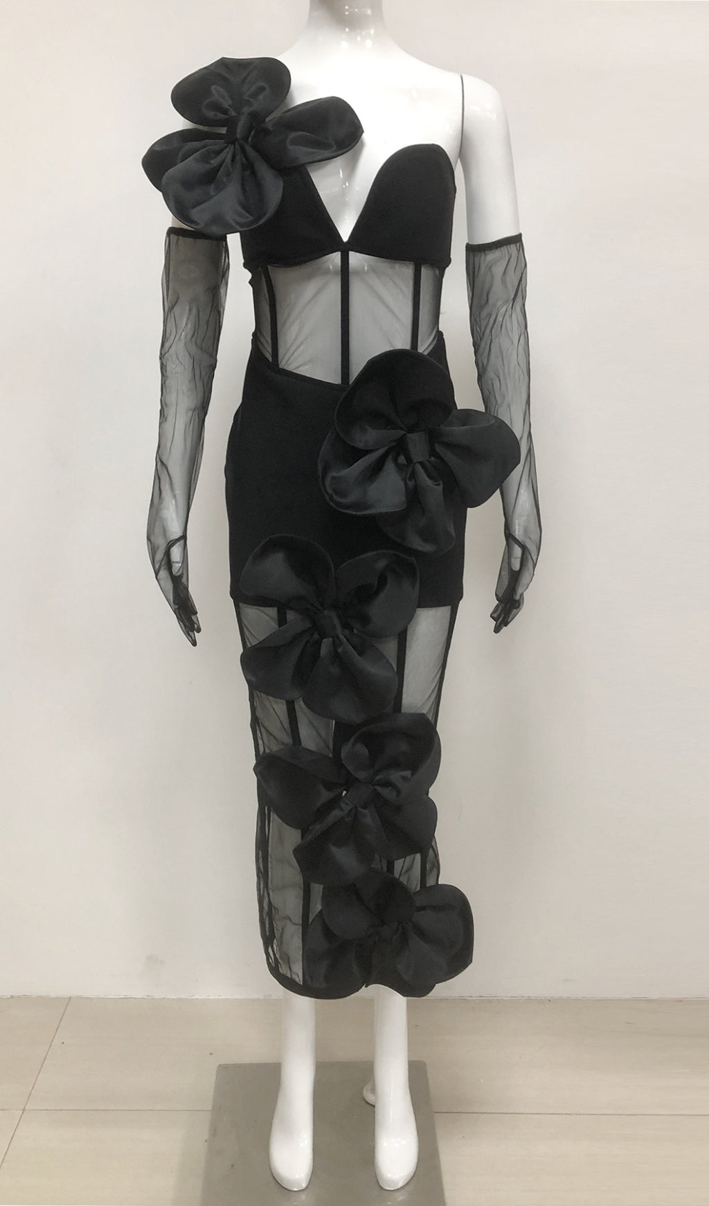 Estella Black Bow Mesh Strapless Bodycon Midi Dress