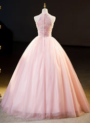 Vestido formal largo de tul rosa con encaje floral 