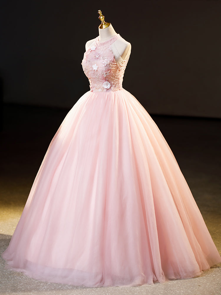 Vestido formal largo de tul rosa con encaje floral 