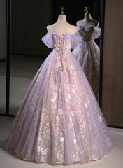 Light Purple A-line Tulle with Floral Long Prom Dress