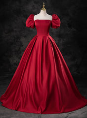 Red Satin A-line Short Sleeves Long Prom Dress