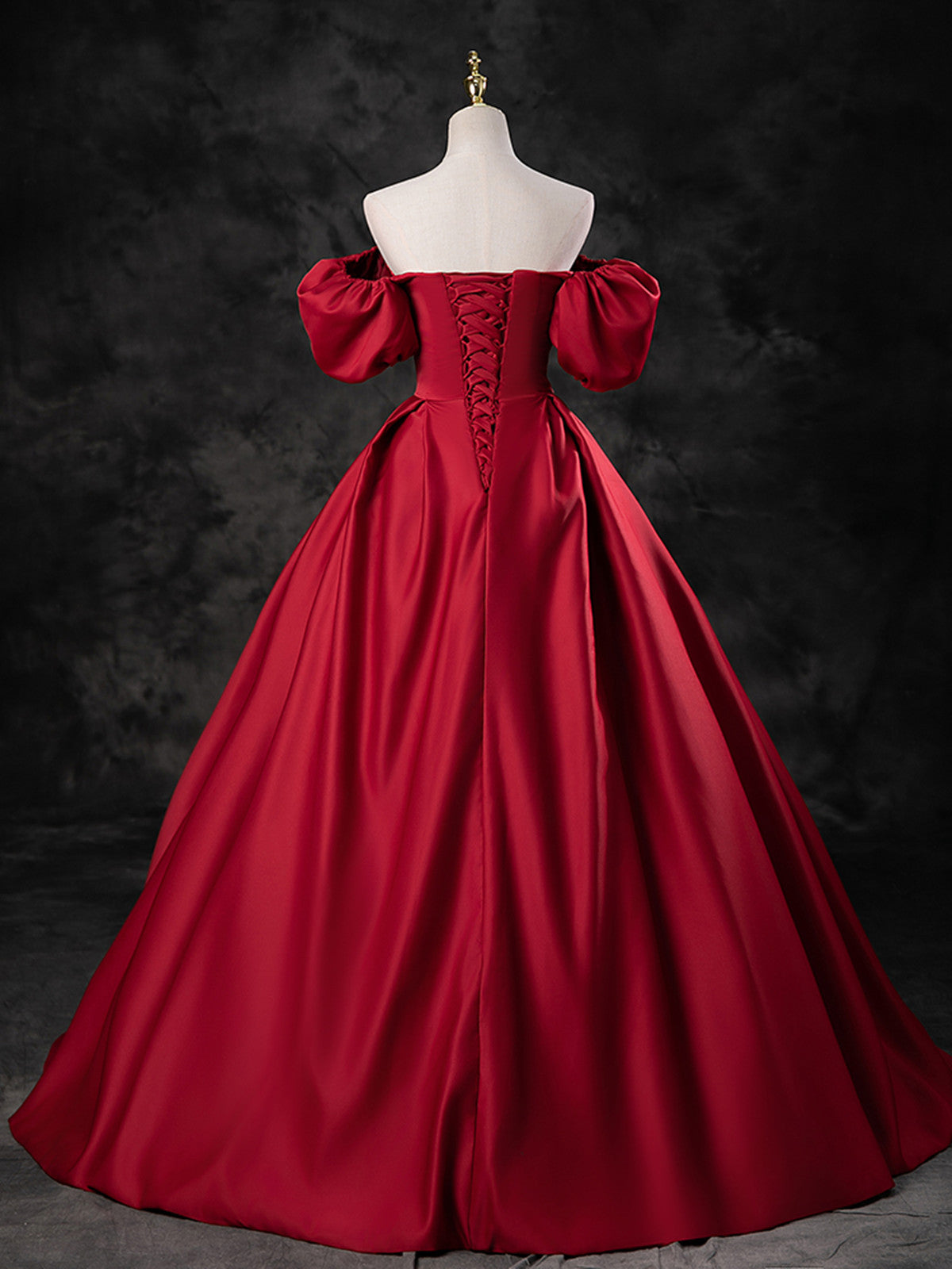 Red Satin A-line Short Sleeves Long Prom Dress