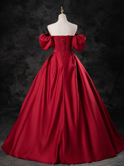 Red Satin A-line Short Sleeves Long Prom Dress