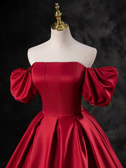 Red Satin A-line Short Sleeves Long Prom Dress