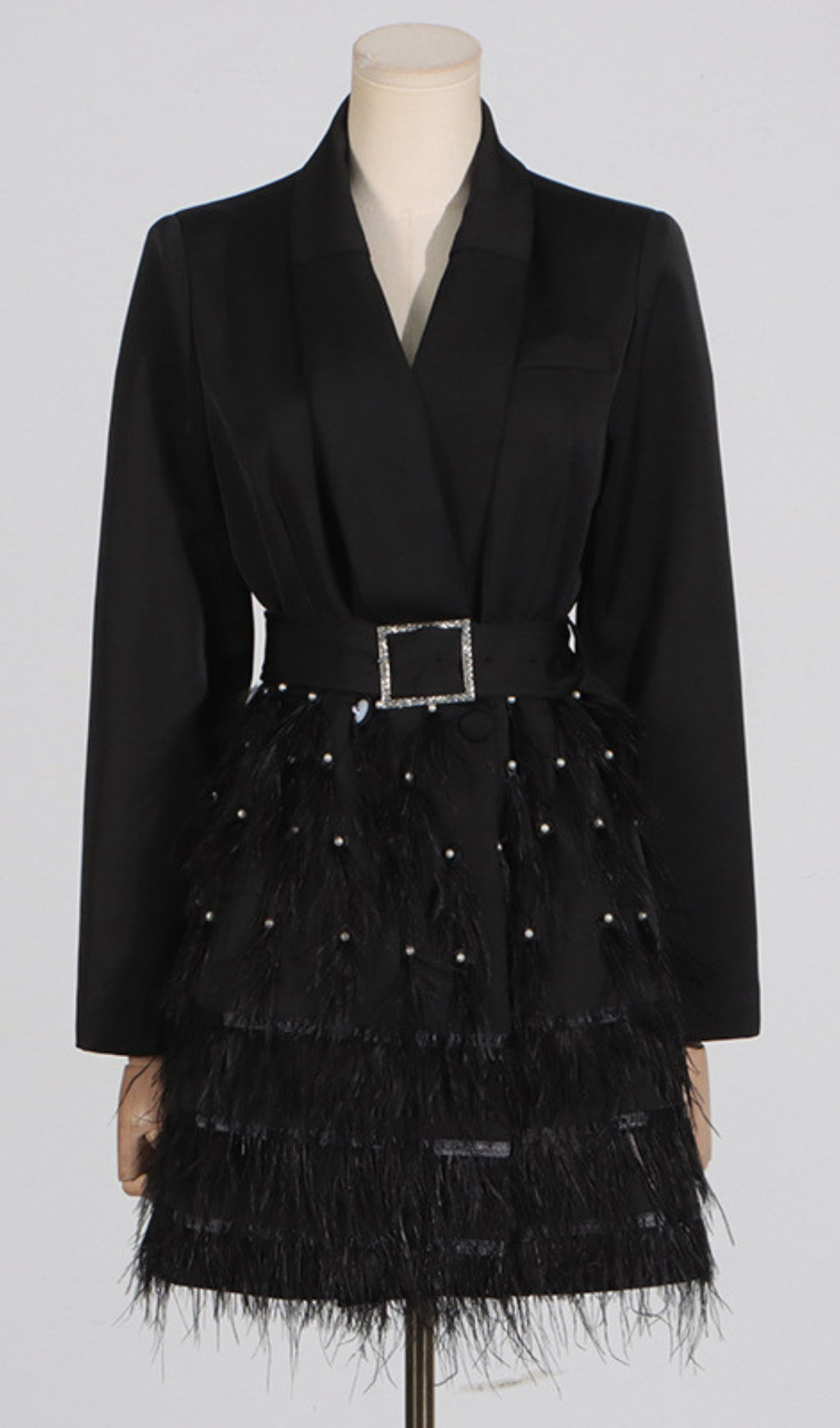 Caelia Luxe Black Feather Blazer Mini Dress with Diamante Belt