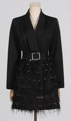 Caelia Luxe Black Feather Blazer Mini Dress with Diamante Belt
