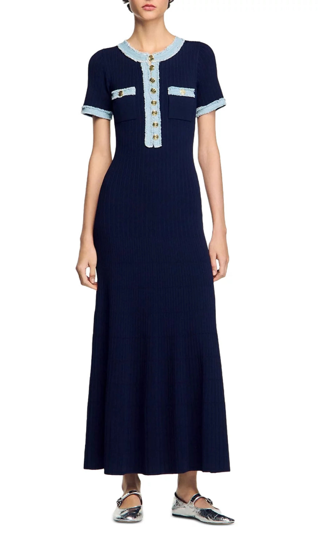 Chic Navy Ribbed Knit Maxi Dress with Denim Trim & Gold Buttons