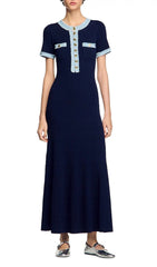 Chic Navy Ribbed Knit Maxi Dress with Denim Trim & Gold Buttons
