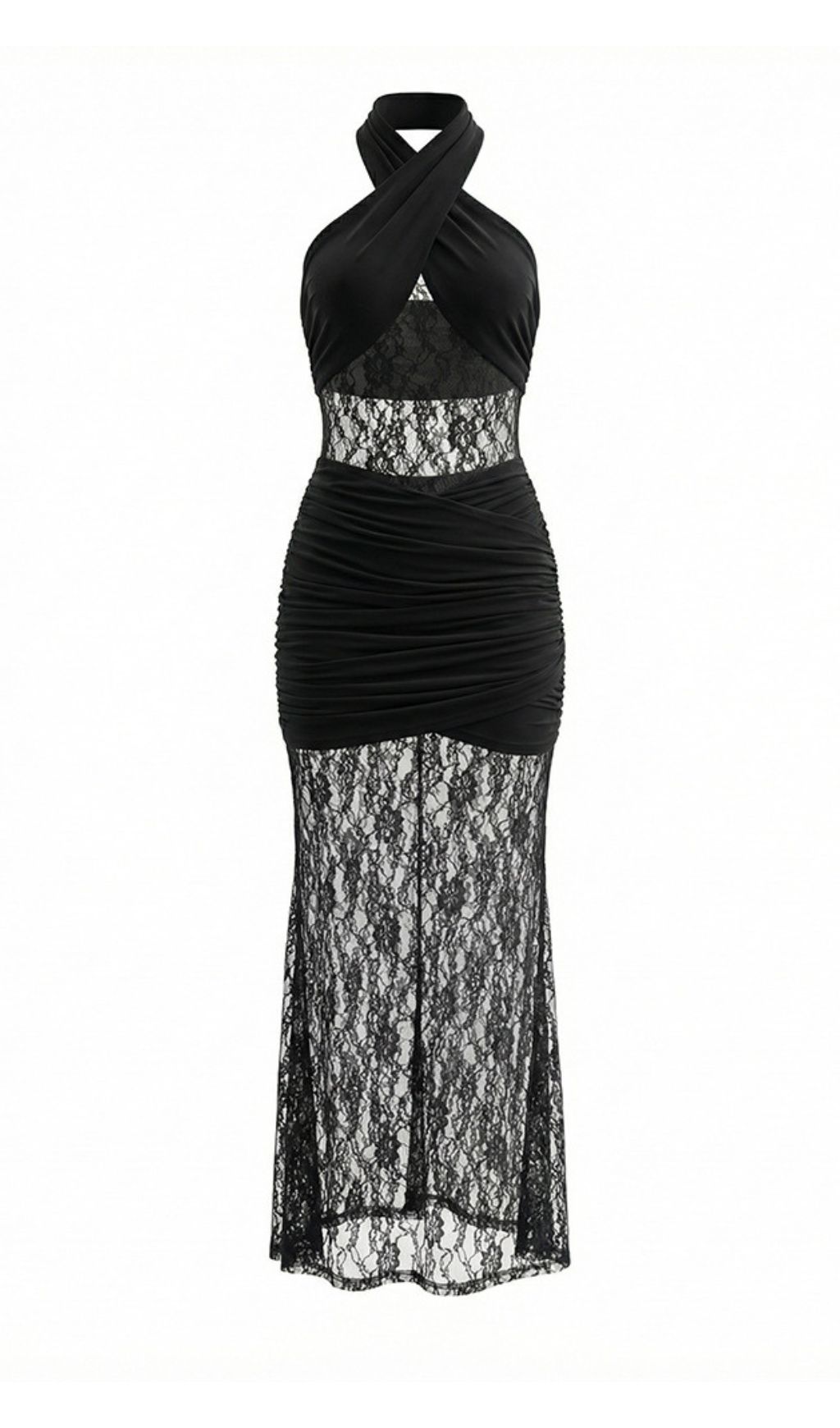Jaelle Black Halter Lace Ruched Maxi Dress