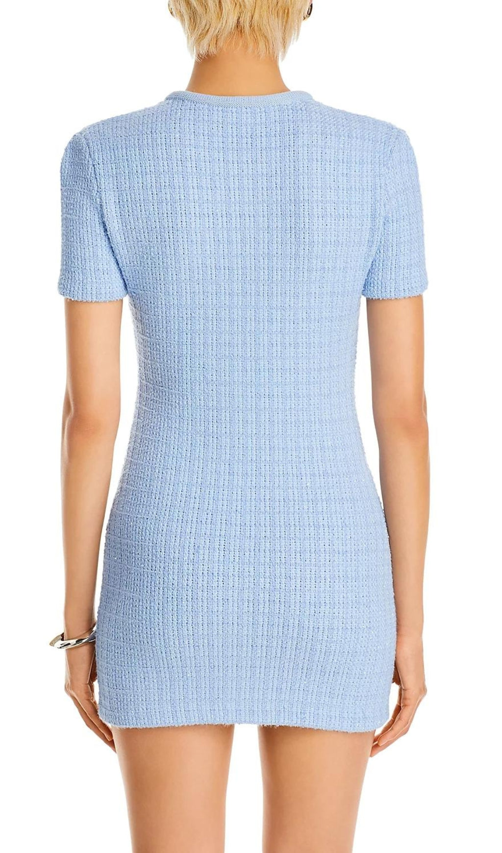Chic Sky Blue Textured Mini Dress with Jewel Embellished Buttons