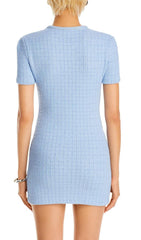Chic Sky Blue Textured Mini Dress with Jewel Embellished Buttons