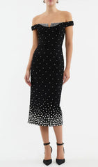 Carolyn Elegant Off-Shoulder Black Midi Dress