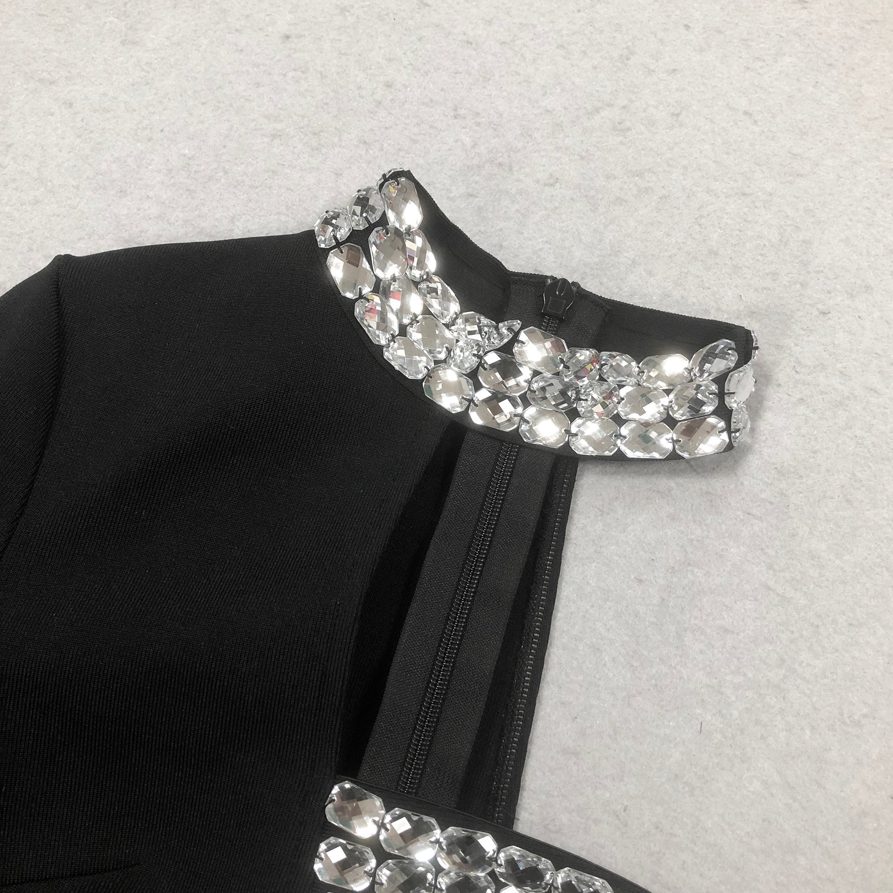 Glamorous Black Crystal Embellished One-Sleeve Cut-Out Maxi Gown