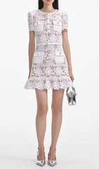 Chic White Lace Mini Dress with Embellished Pockets
