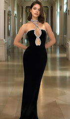 Bellini Glamorous Black Rhinestone Halter Maxi Dress
