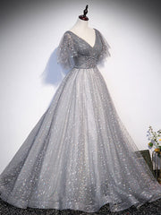 Grey V-neckline Tulle Low Back Long Prom Dress