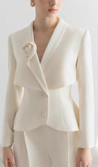Caresse Elegant Flower Lapel Blazer & Wide-Leg Pants Set
