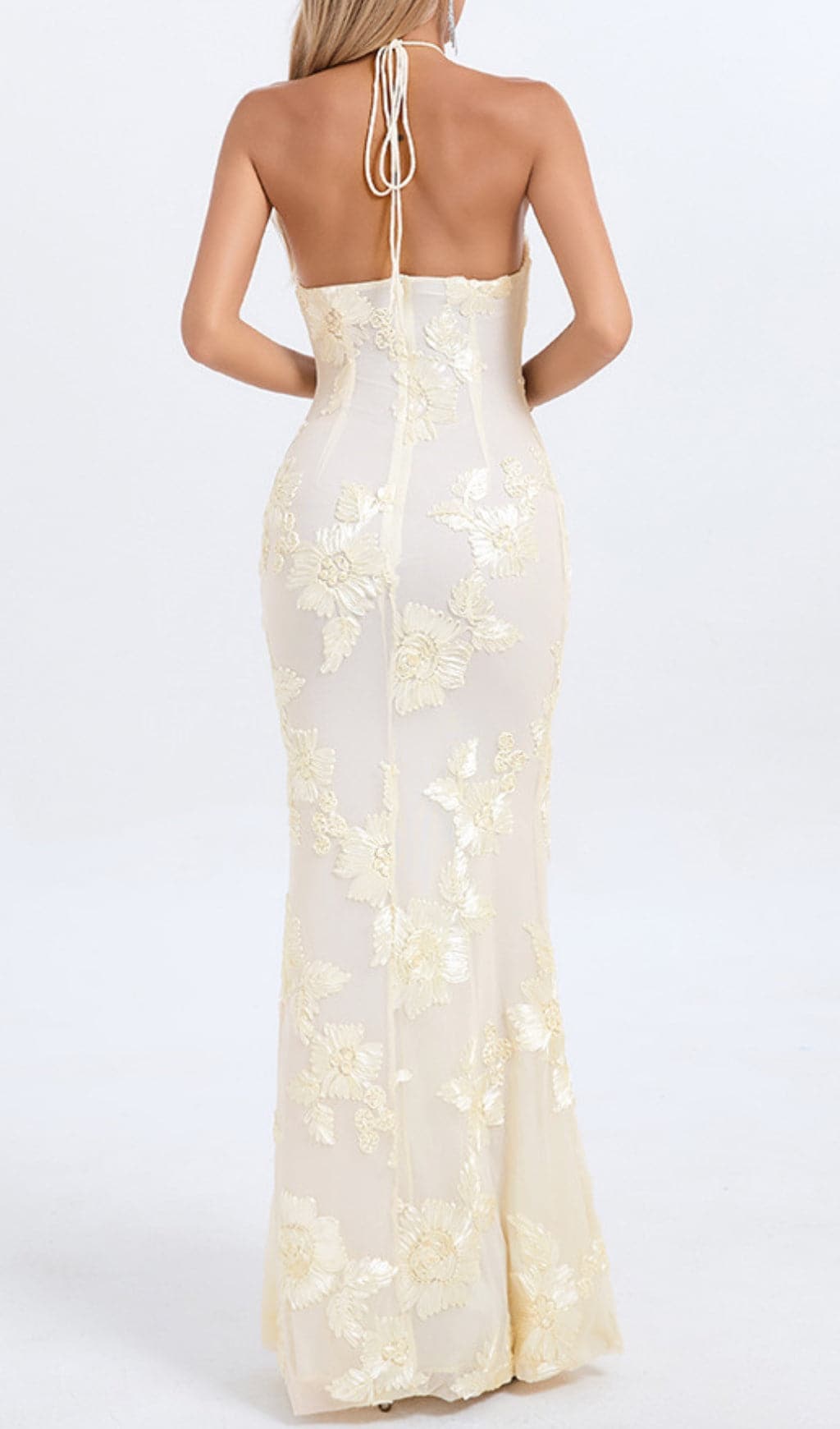 Ivory Halter Neck Maxi Dress with 3D Floral Embellishments