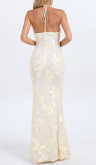 Ivory Halter Neck Maxi Dress with 3D Floral Embellishments