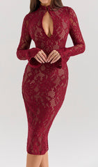 Elegant Red Lace Long Sleeve Midi Dress