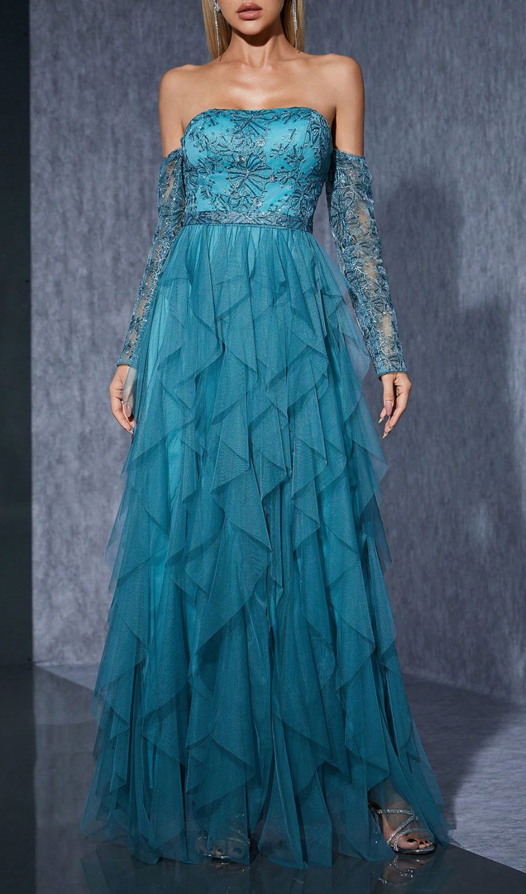 Hamako Off-Shoulder Embroidered Mesh Maxi Dress