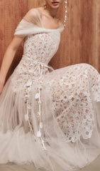 Evette Ethereal White Lace Off-Shoulder Midi Dress