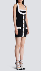 Clotho Chic Black & White Halter Mini Bandage Dress with Gold Buttons