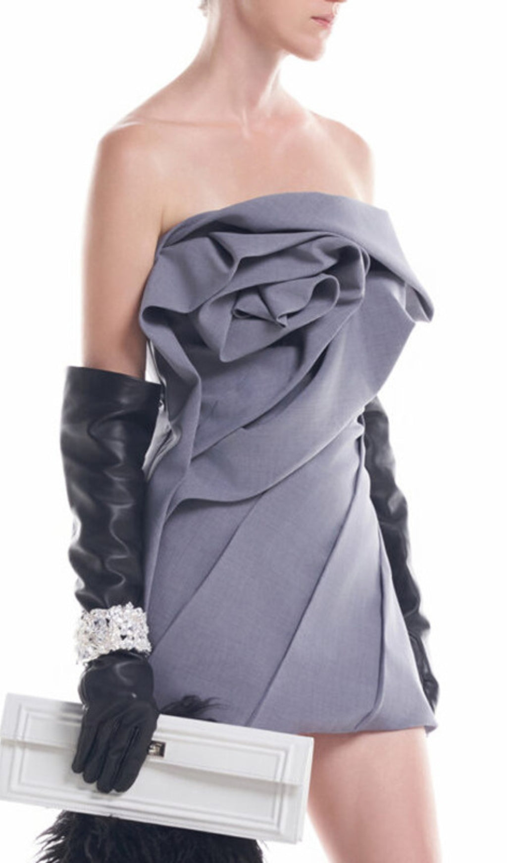 Calissa Sculptural Rose Strapless Mini Dress