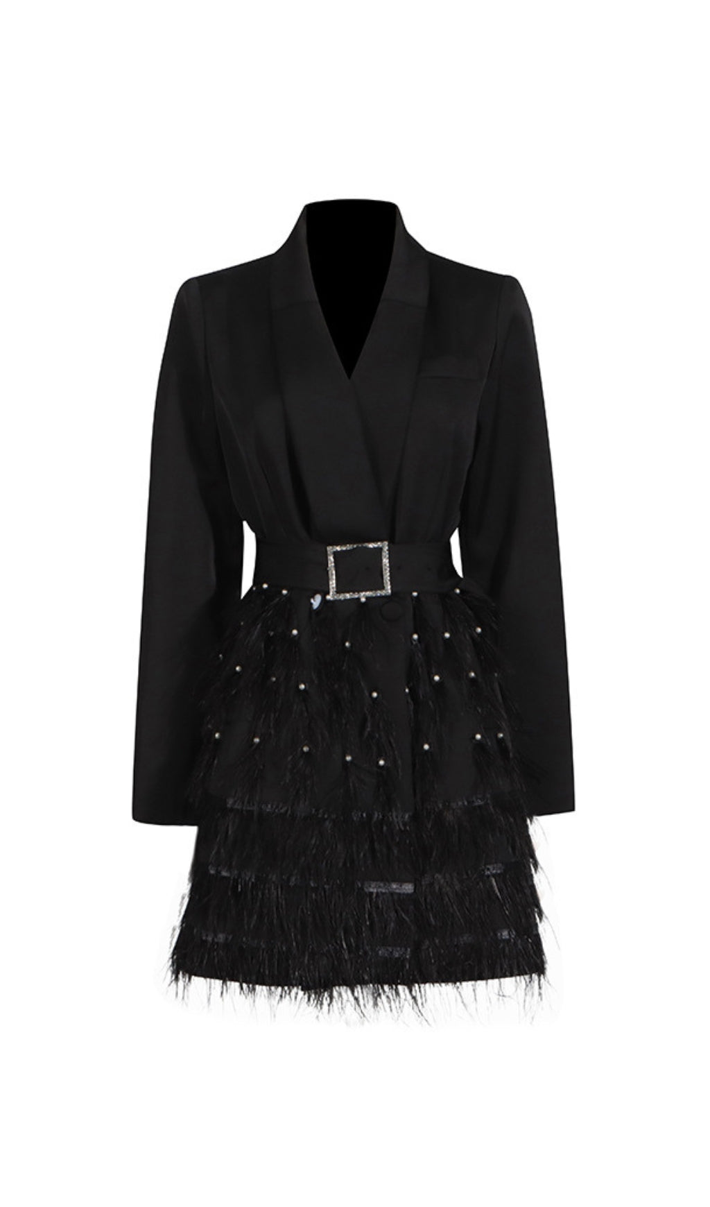 Caelia Luxe Black Feather Blazer Mini Dress with Diamante Belt