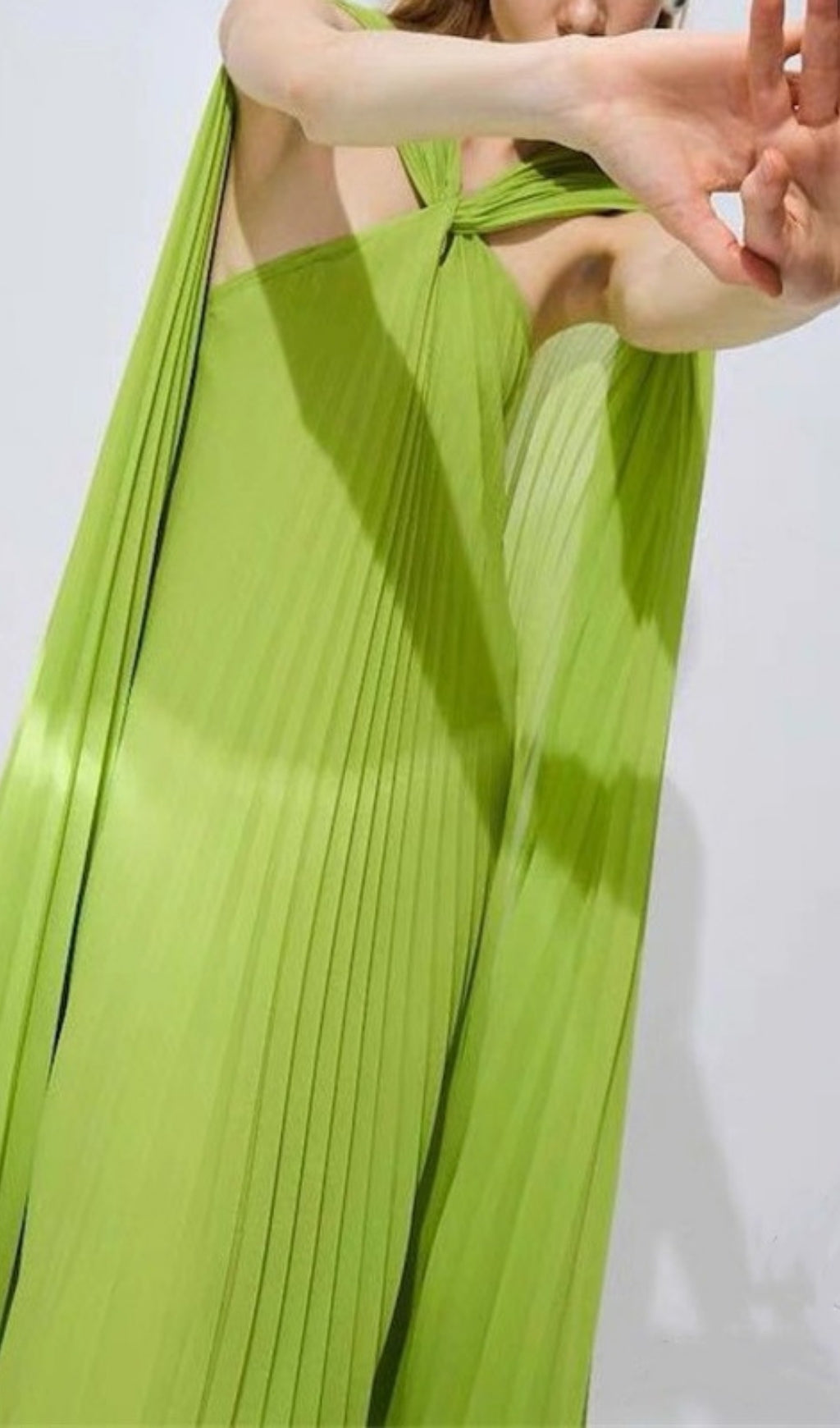 Ellaruth Vibrant Green Pleated Halter Maxi Dress with Cape Detail