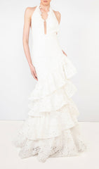 Ellie White Halter Lace Tiered Ruffle Maxi Dress