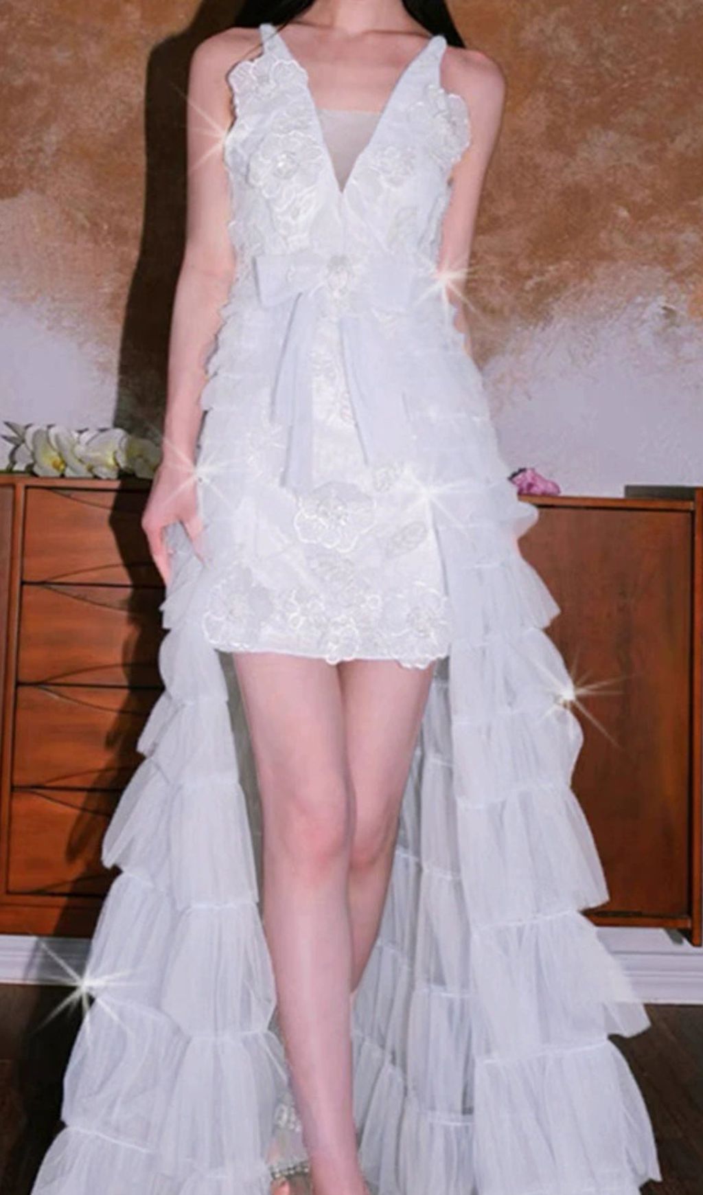 Fedella Ethereal Floral Sequin High-Low Gown